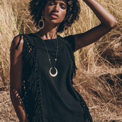 Black Boho Top Bohemian Frayed Tee Hand Loomed